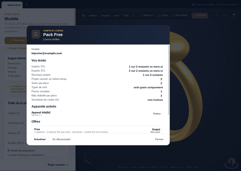 Écran Compte et licence de l’application : pack, droits restants ce mois-ci et ordinateurs activés
