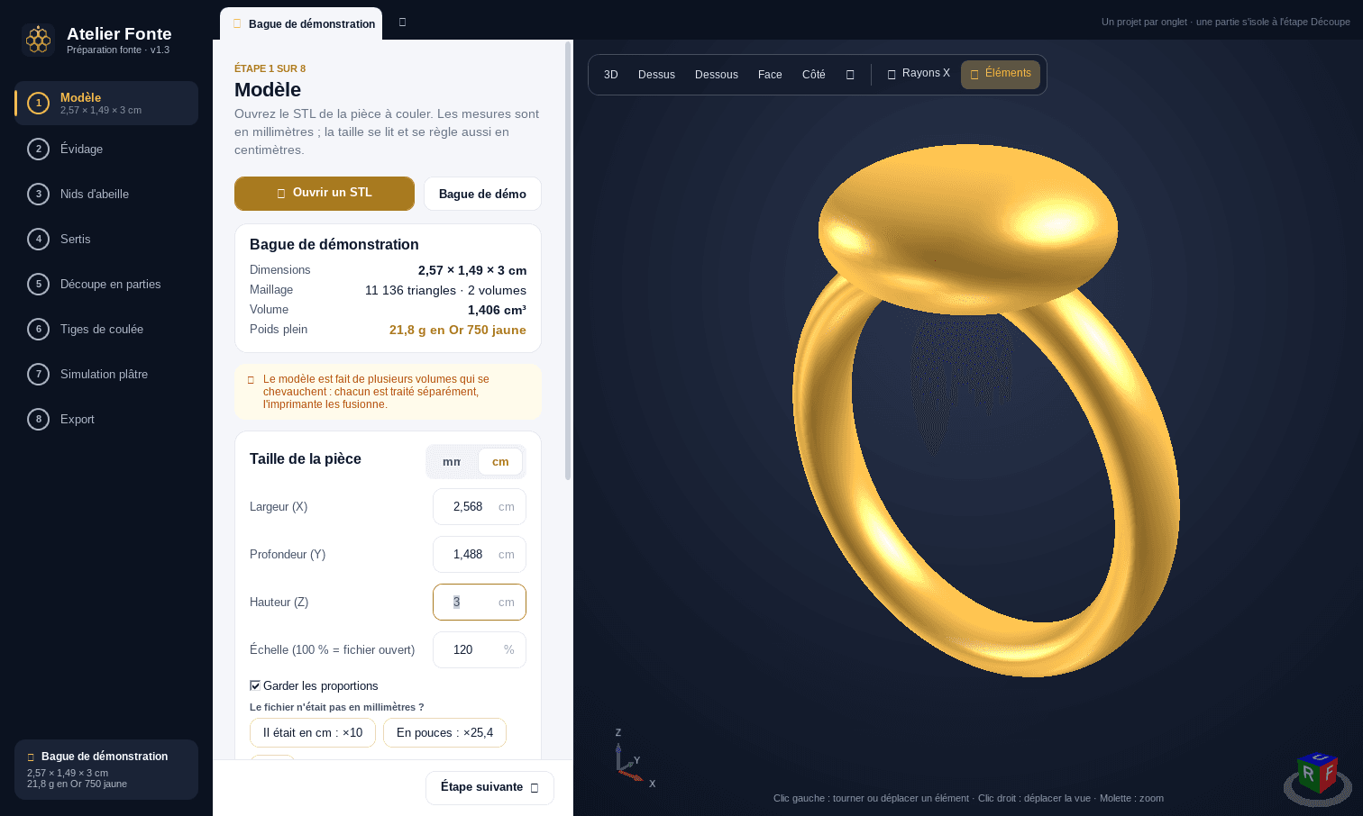 Étape Modèle : bague de démonstration avec ses dimensions, son volume et son poids plein, réglage de la taille en centimètres