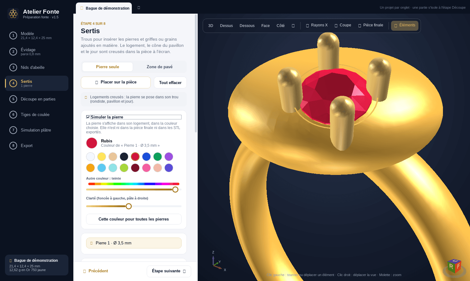 Étape Sertis : pierre simulée couleur rubis tenue par quatre griffes sur la tête de la bague