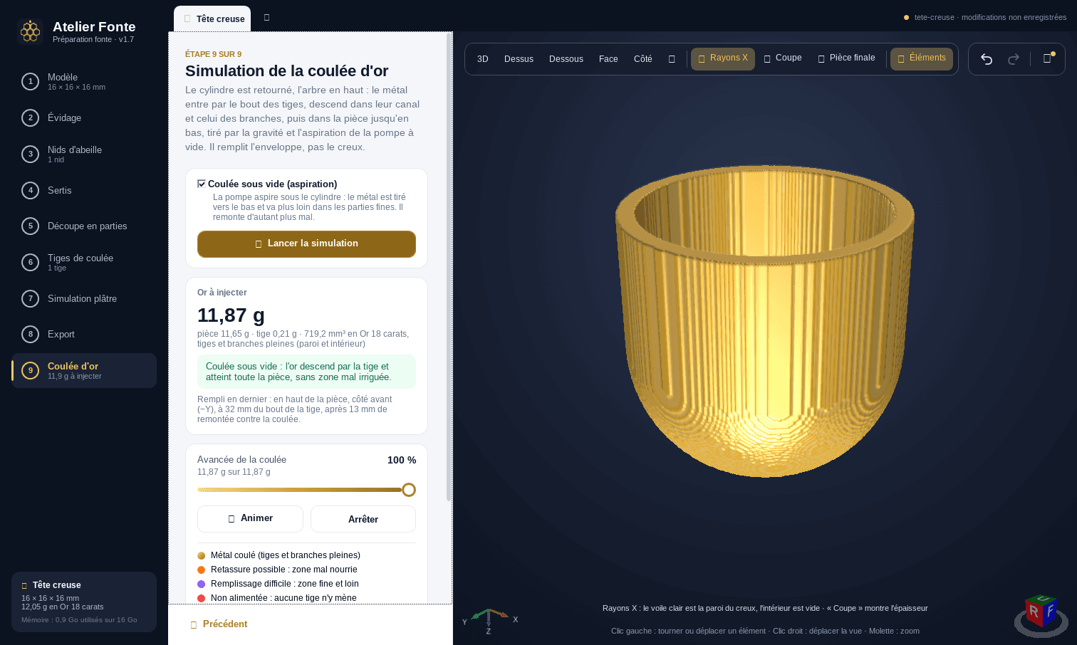 Étape Coulée d’or : or à injecter, coulée sous vide sans zone mal irriguée, légende des zones à risque