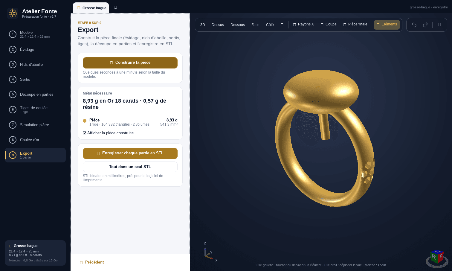 Étape Export : bague construite, métal nécessaire et poids de résine, boutons d’enregistrement en STL